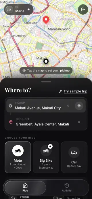 Kasabay Ride Share Passenger app na may pickup sa Makati Avenue at drop-off sa Greenbelt