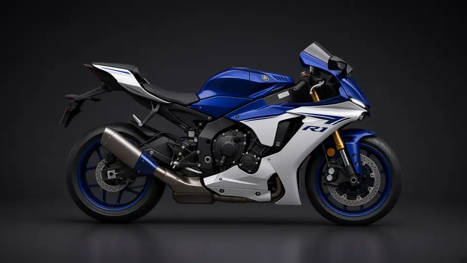 Blue at white Yamaha R1 na big bike, side view